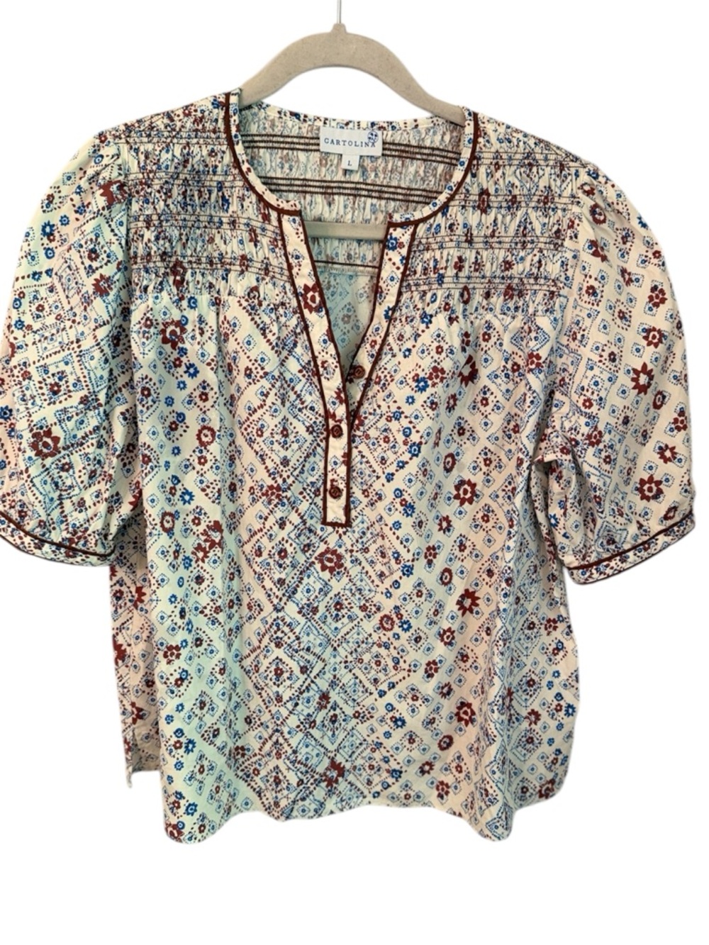 Cartolina Cotton Boho Peasant Top Blue Red Print L
